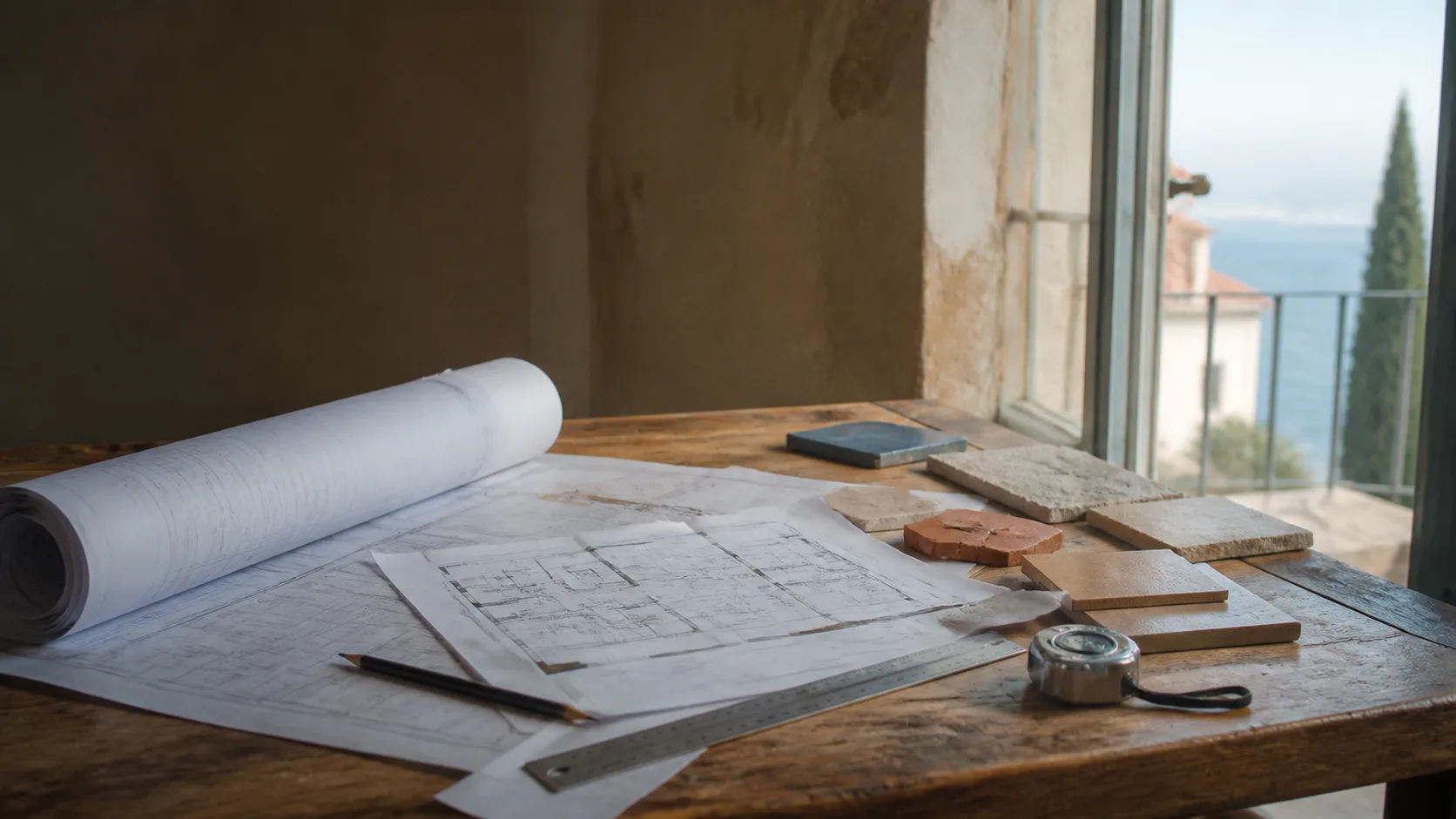 Plan papier, échantillons minéraux et mètre sur une table face à la lumière