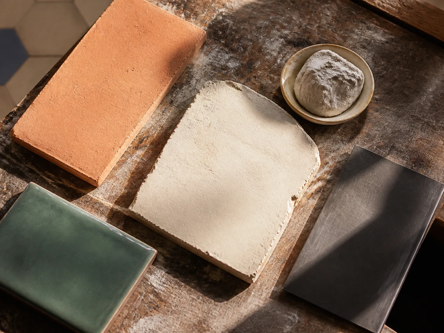 Un établi d’atelier de menuiserie en fin d’après-midi, rabot à main posé sur une planche de chêne fraîchement poncée, copeaux au sol, lumière rasante venant.