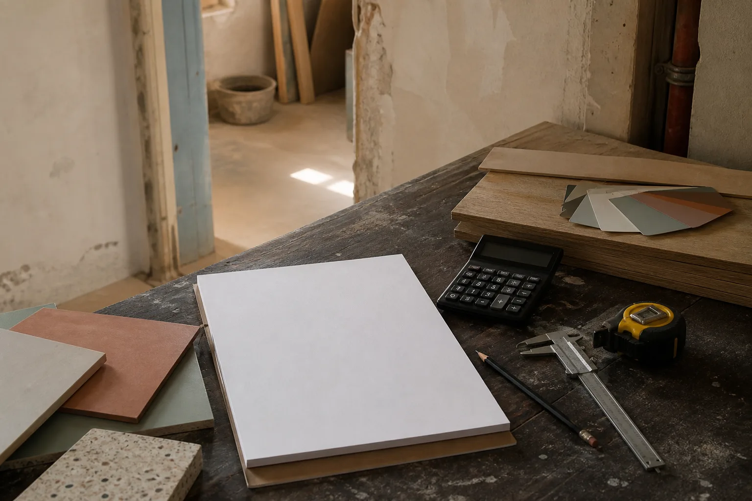 Feuille de devis vierge, calculatrice, outils de mesure et échantillons