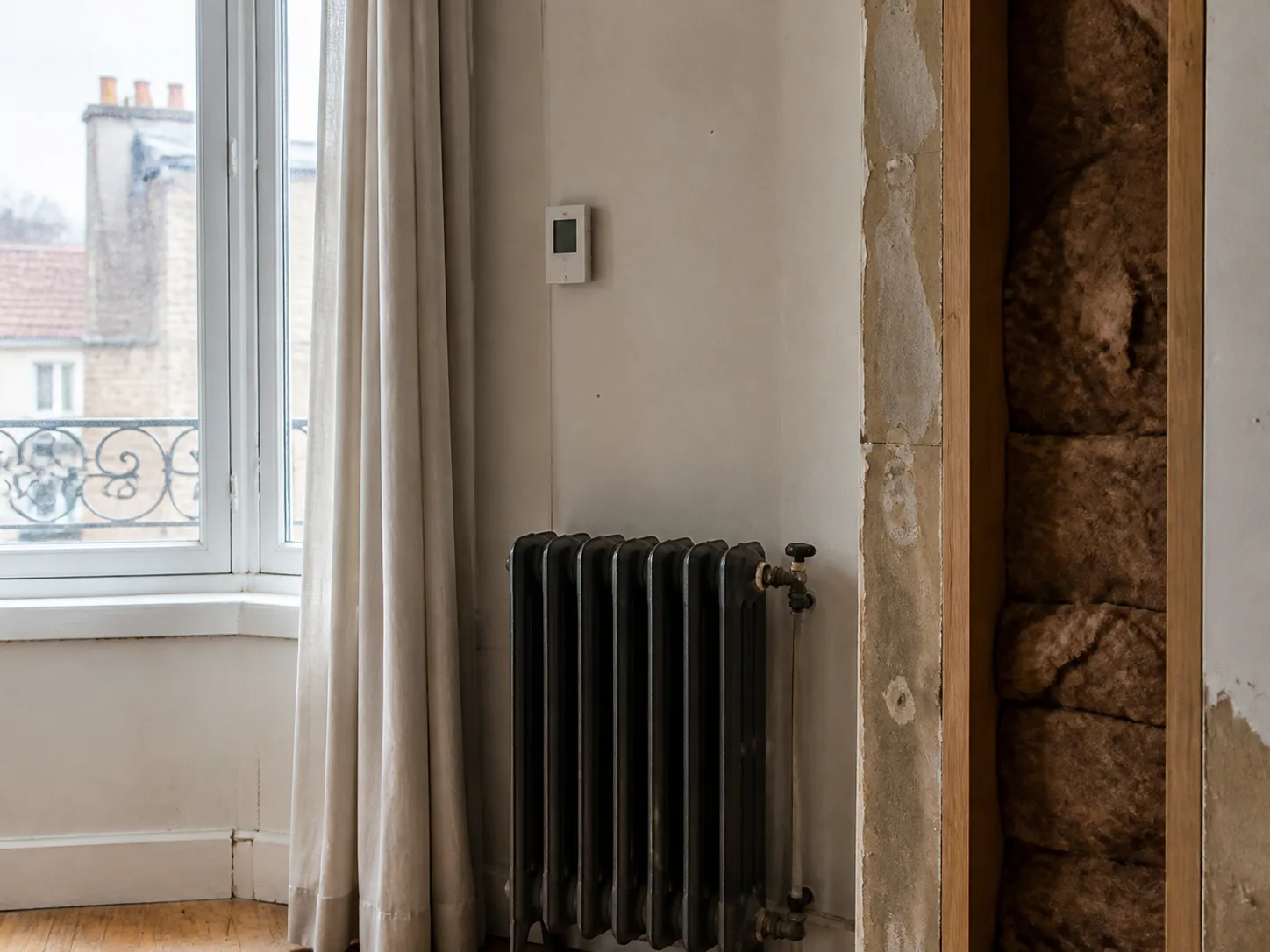 Radiateur ancien sous une fenêtre et jonction d’un mur à isoler