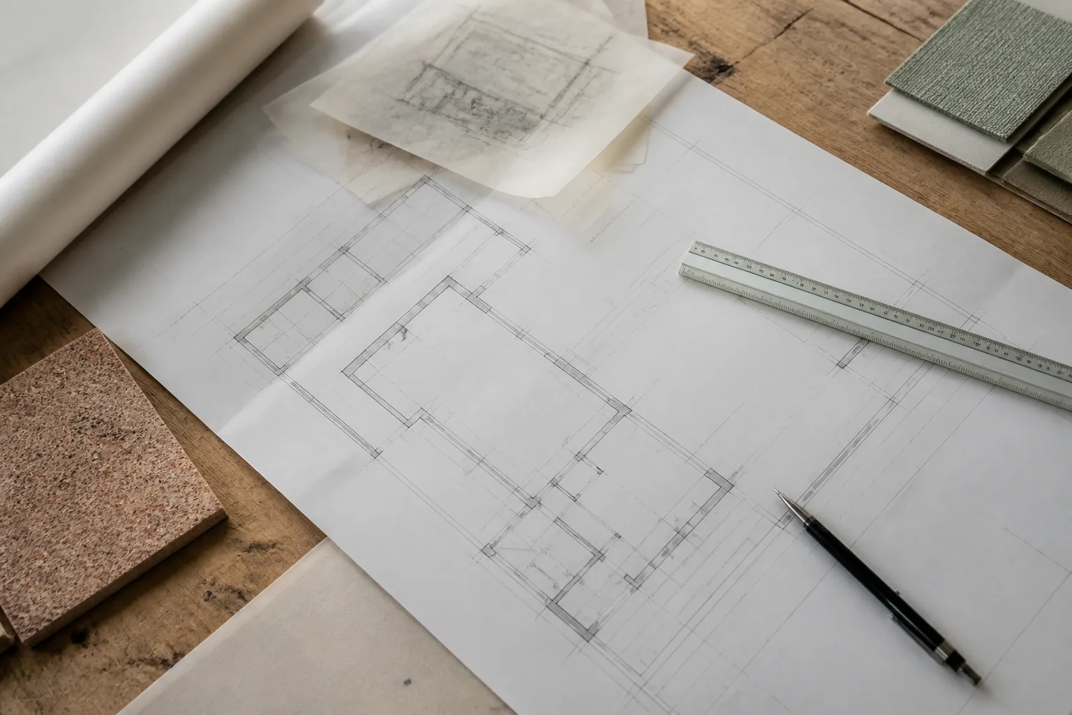 Plan d’architecture intérieure, calque, règle et échantillons sur une table