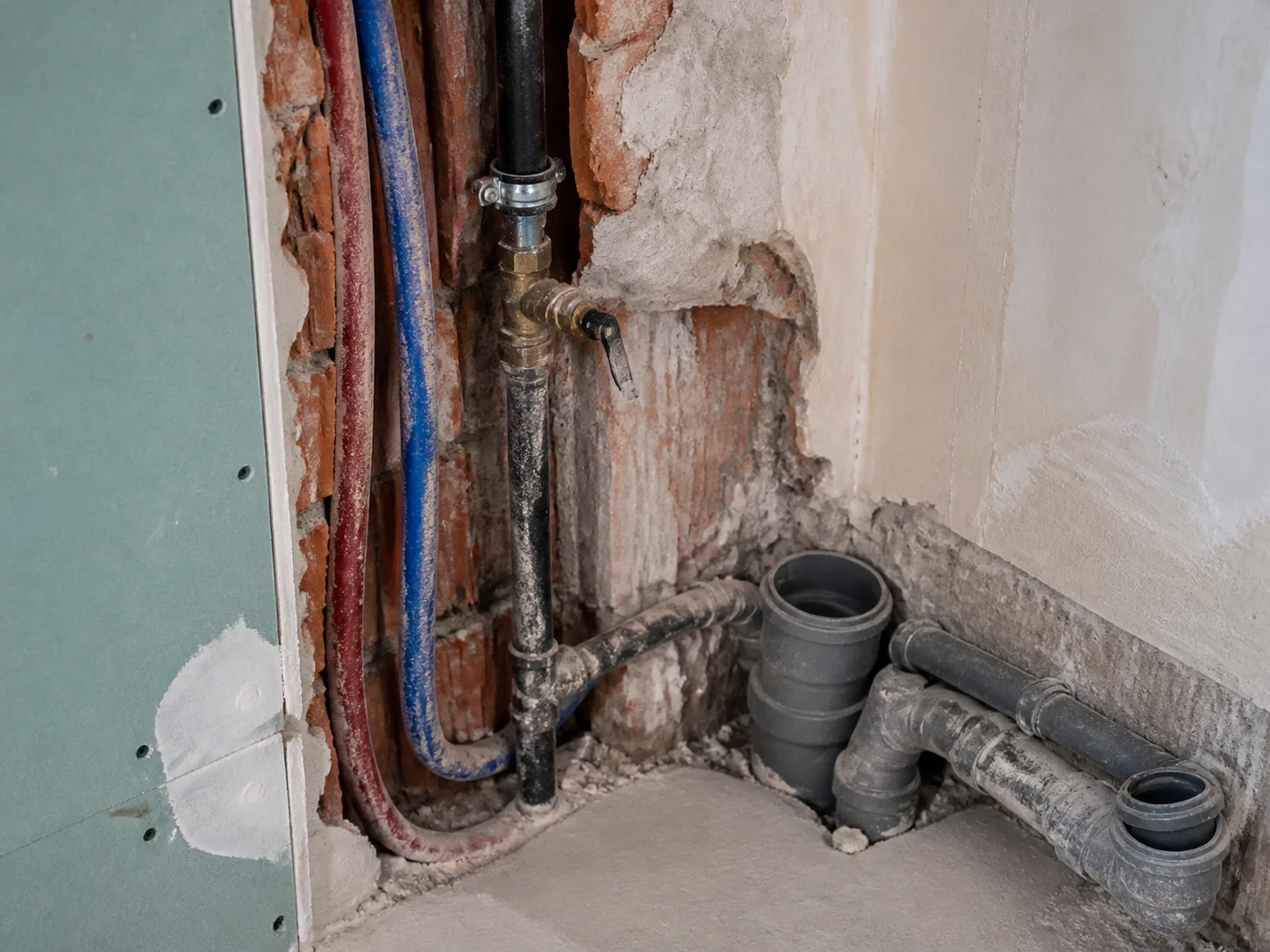 Tuyaux d’eau et évacuation visibles dans une salle de bains en chantier