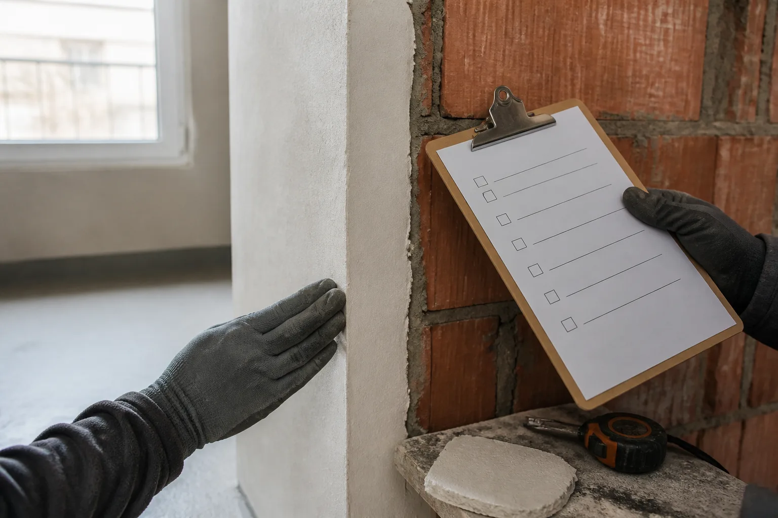 Gants de chantier, mur neuf et feuille de contrôle sur une brique apparente